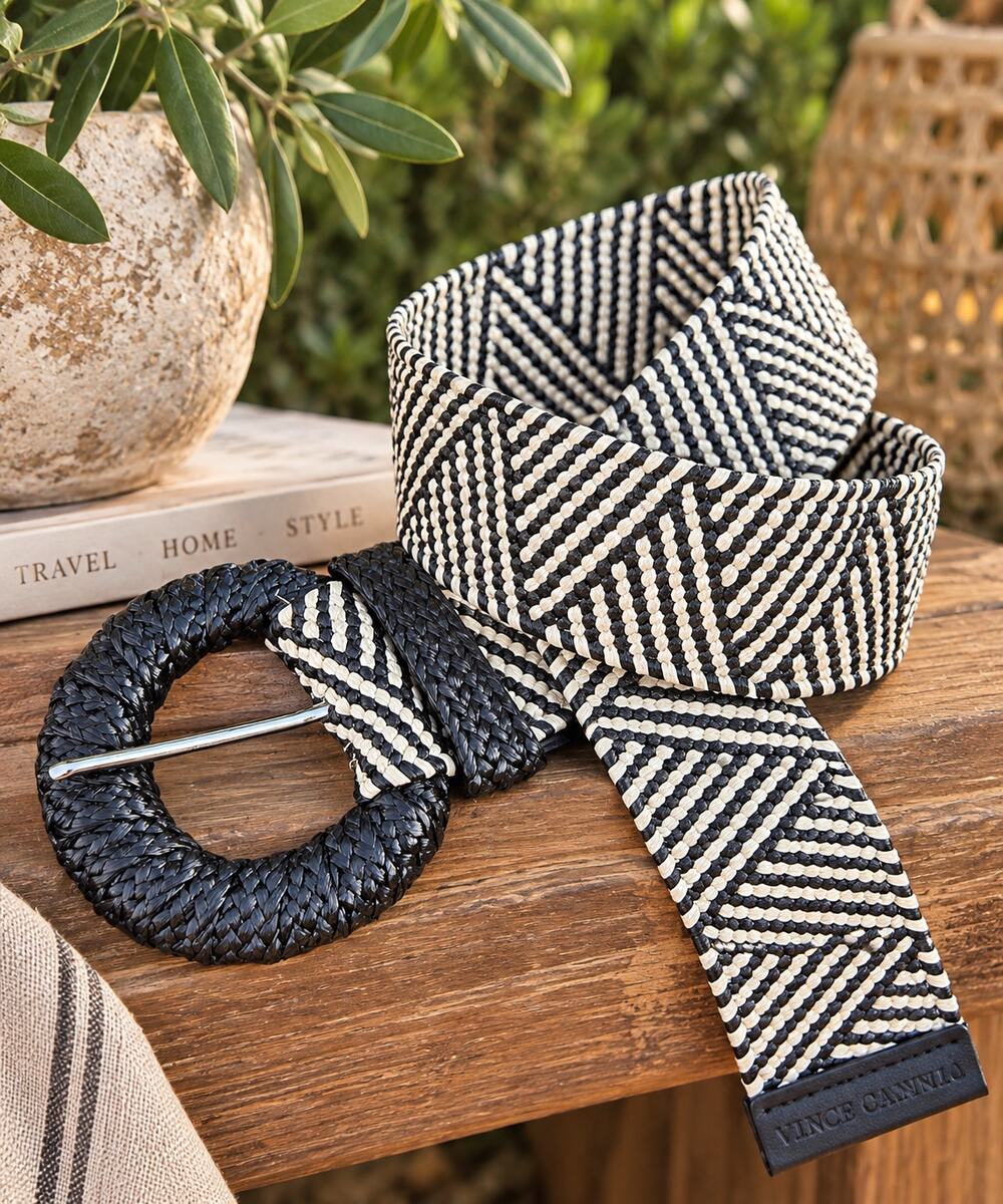 Vince Camuto Woven Belt Black Natural Oversized Buckle Boho Resort 37.5"